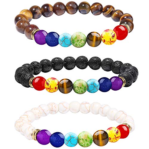 Set of 3 Lava Rock 7 Chakras Crystals Healing Stones Chakra Bracelets Jewelry set 8mm Essential Oil Diffuser