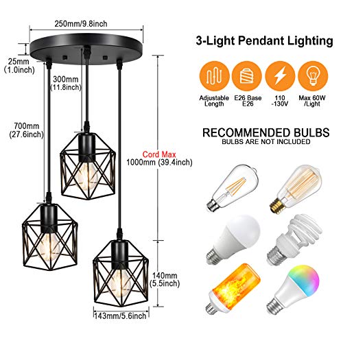 Industrial 3 Pendant Lighting, Adjustable Hanging Light Fixtures w/ Metal Caged E26 Base, Black