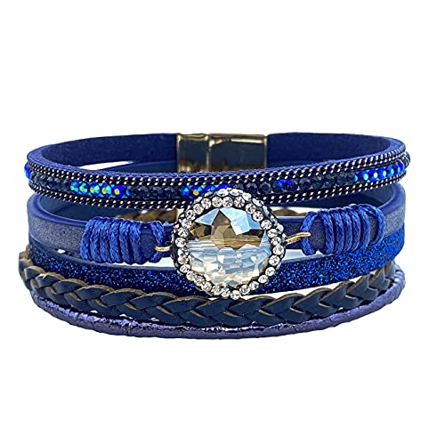 Boho Hand Made Crystal Bangle Multilayer Fashion Leather Bracelet Magnetic Buckle Cuff