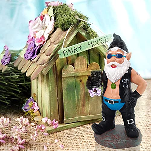 Biker Gnome with Motorcycle Leather Gear Tattoos Garden Gnome Statue