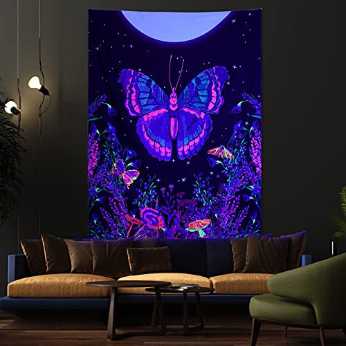 Butterfly Floral Tapestry, Moonlit Garden Wall Blacklight Home Decoration