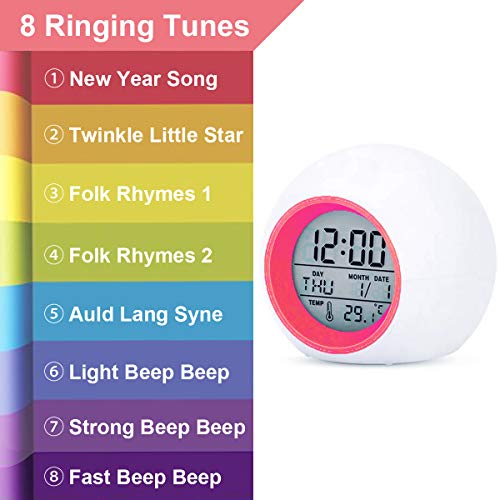 Digital Alarm Clock, 7 Color Night Light, Snooze, Temperature Detect Batteries Operated