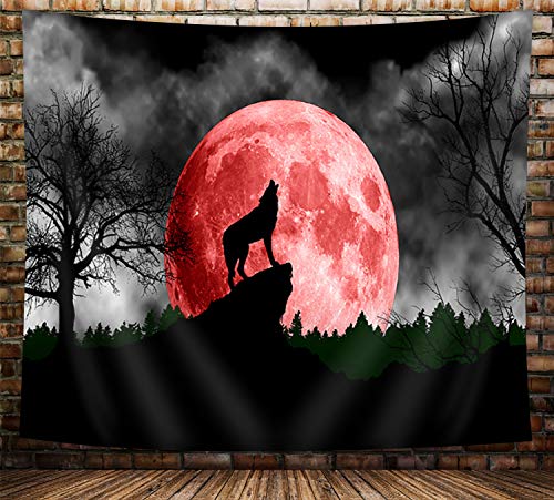 Cool Wolf Poster Black & White Gothic Forest w/ Red Moon Art Tapestry 60x40"