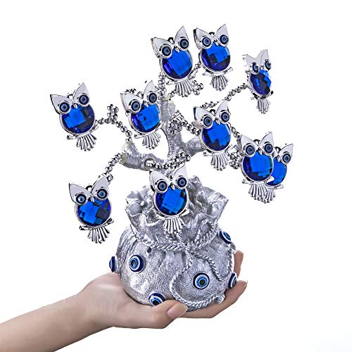 Turkish Evil Eye Tree with Silver Lucky Bag Owl Figurine