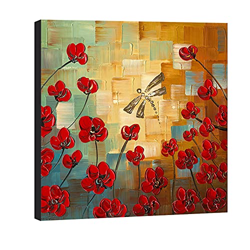 Dragonfly Floral Oil Paintings on Canvas Wall Art Ready to Hang 100% Hand Painted  24x24