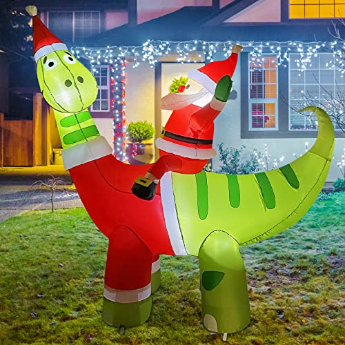 6ft Christmas Inflatables Santa Claus Riding A Dinosaur w/ Built-in LEDs