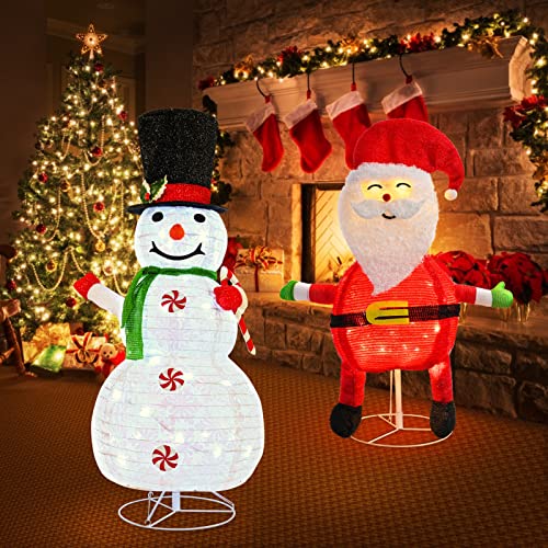 Set of 2 Collapsible 3.0FT Snowman 2.6FT Santa w/ 100 LEDs Plug-in  Christmas Decoration