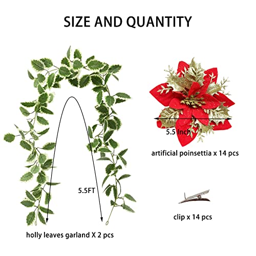 2 Pack Holly Leaves Garland Artificial Poinsettia Christmas Decoration