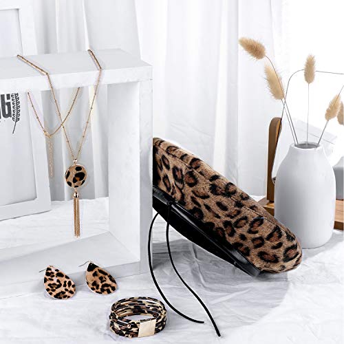 4 Pieces Women Leopard Jewelry Set French Beret Hat Leopard Leather Bracelet Earring Necklace