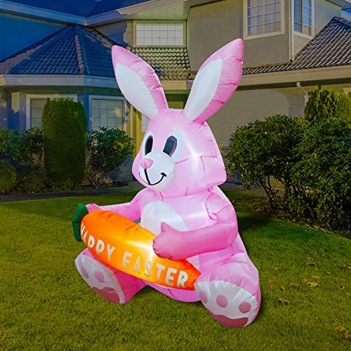 4ft Inflatable Easter Decoration Cute Pink Bunny Holding Carrot w/ LED