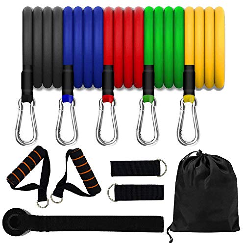 Resistance Bands Set for Exercise with 5 Resistant Bands, 2 Foam Handles, 2 Ankle Strap, 1 Door Anchor, and a Bag (11 pcs)