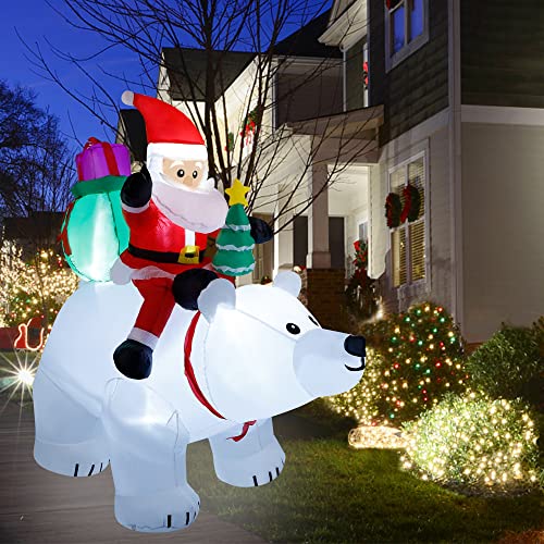 6 Ft Santa Claus with Polar Bear and Christmas Tree Build-in LED Lights Blow up Inflatables