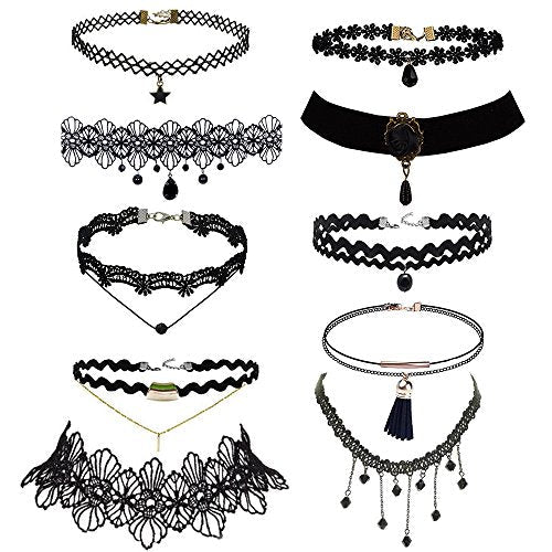 10 Pcs Lace Choker Necklace for Women- Black Classic Velvet Stretch Punk