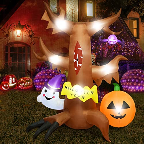 8 Ft Halloween Inflatables Dead Tree w/ White Ghost & Pumpkin