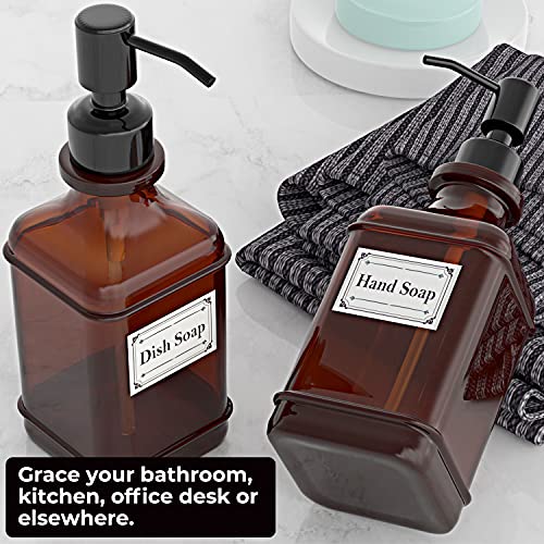 2 Pack Dispensers w/18 Oz Antique Design Thick Amber Glass Bottle,Rust Proof Stainless Pump w/ 6 Stickers