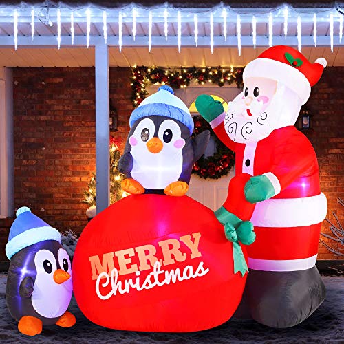 7 FT Long Santa with Penguins Inflatable with Build-in LEDs Blow Up Inflatables