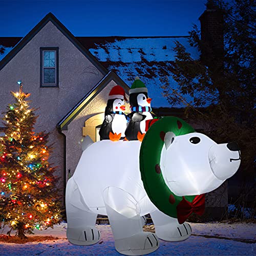 8FT Christmas Inflatable Polar Bear w/ Penguin & LEDs