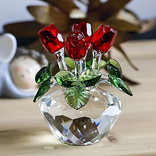 Handcrafted Red Crystal Flowers with Rotating Base Fengshui Home Decor