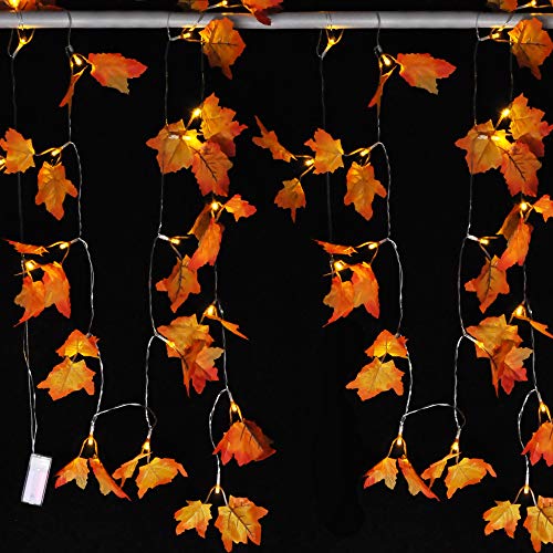 2 Pack Fall Garland, 9 Ft 20 LED Maple Leaves with Warm String Lights Fall Decor