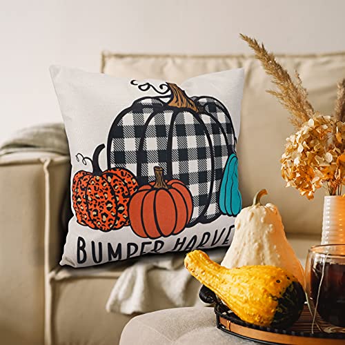 Set of 4 Fall Decorations Thanksgiving Plaid Gnomes Pumpkin Pillow Covers 18x18 Inches