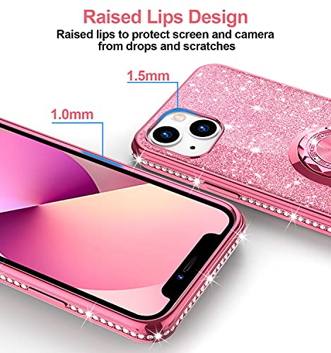 Phone Case for iPhone 13, Glitter Protective Case w/ 360 Degree Ring Stand