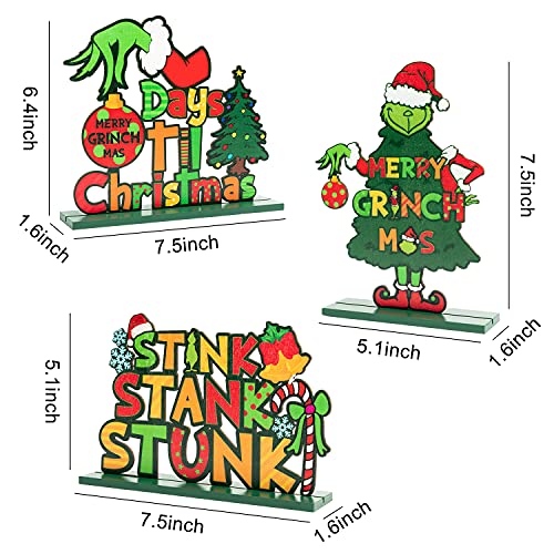 3 Pcs Green Grinch Christmas Monster Wooden Table Decorations