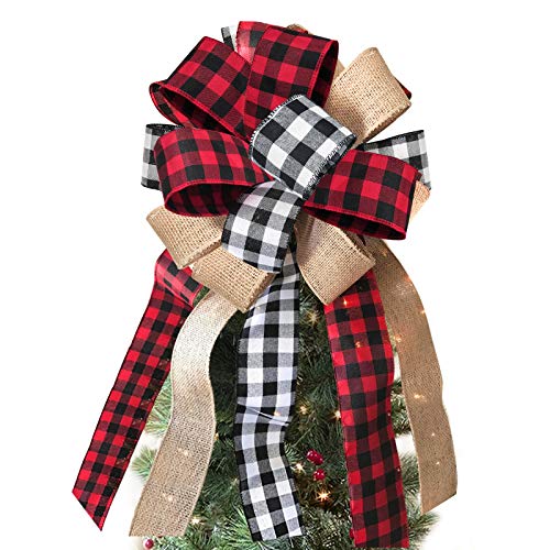 Christmas Tree Topper - Buffalo Plaid Red Black Burlap Decorative Bow