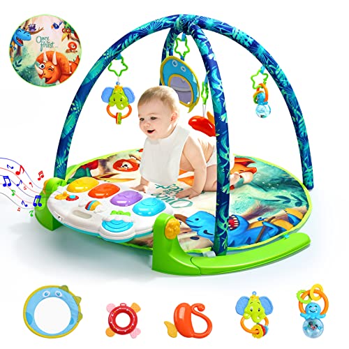 Baby Gym Play Mat, Kick & Play Piano w/ 5 Sensory Teether Toys
