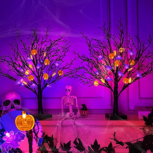 2 Pack 24" Orange Purple Halloween Lighted Tree Decorations w/ Timer