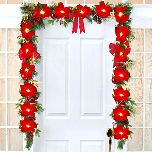 6.5Ft Lighted Poinsettia Christmas Garland with Red Berries and Holly Leaves