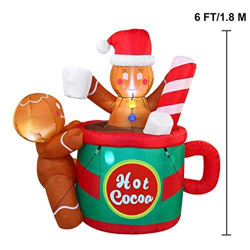 6 FT Tall Gingerbread Man in Hot Cocoa Mug Inflatable w/ Build-in LEDs