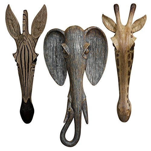 16" Animal Masks of the Savannah, Giraffe Zebra and Elephant Wall Sculptures