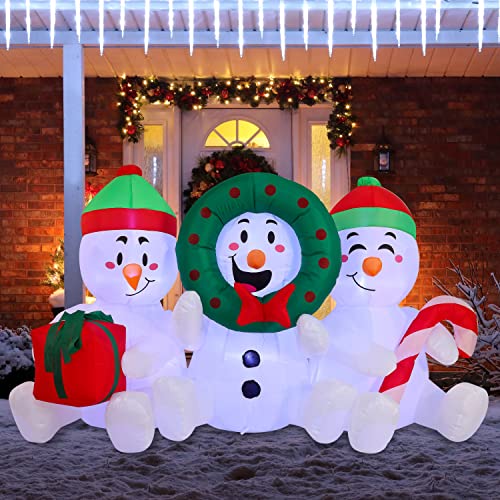 6 FT Long Inflatable Three Sitting Snowman Christmas Decoration w/ Build-in LEDs