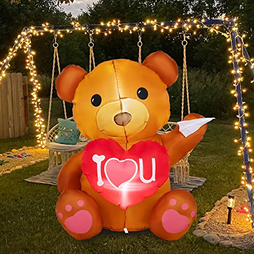 4 FT Valentines Day Inflatable Outdoor Decorations, Teddy Bear w/ Build-in LED Lights