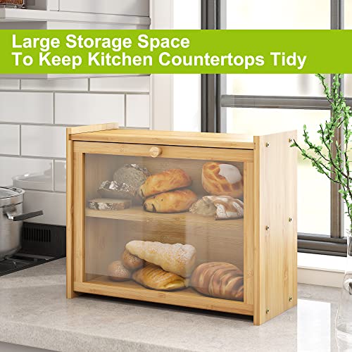 Large Bamboo Bread Box For Kitchen Counter -Double Layer