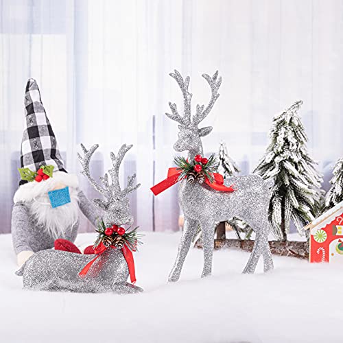 2 Pcs Standing and Lying Silver Christmas Reindeer Decor