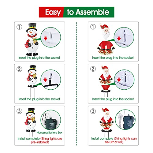 2 Pack  Christmas Snowman & Santa Claus w/ String Lights Metal Yard Stakes