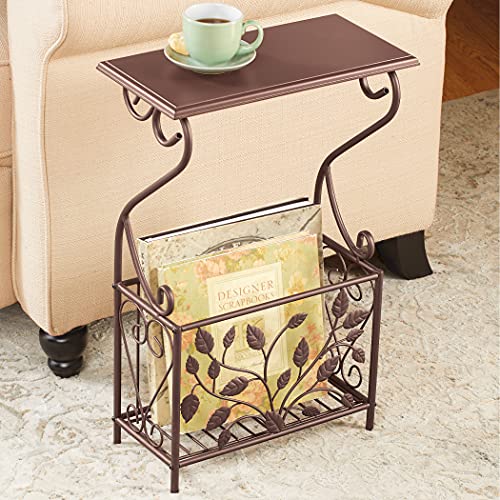 Scroll Leaves Iron & Wood Magazine Holder Side Table, Bronze