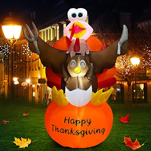 6 FT Thanksgiving Inflatable Turkey w/ Pilgrim Tail& Built-in LEDs