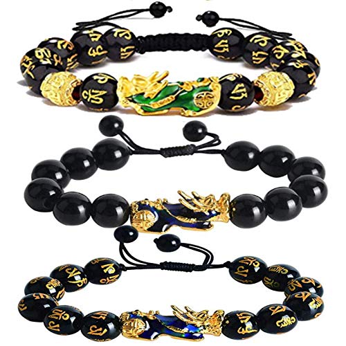 3 Piece Handmade Carved Mantra Stone Pi Xiu Feng Shui Black Obsidian Wealth Lucky Bracelet