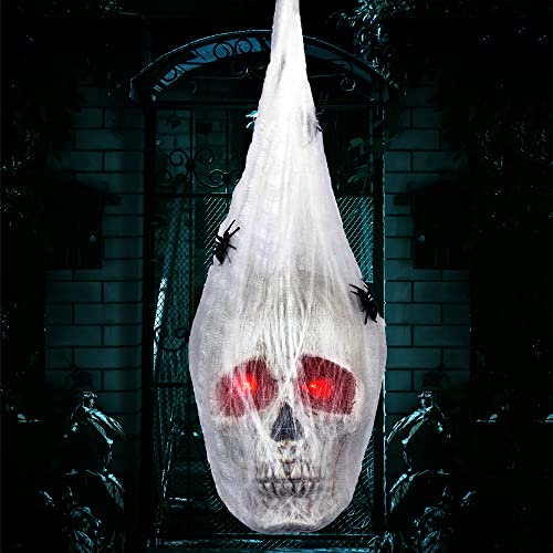 Halloween 13" Animated Hanging Head Covered w Spider Webs &Light Up Eyes