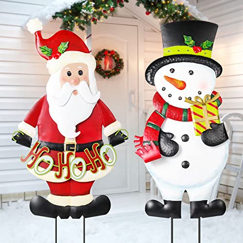 2 Pack  Christmas Snowman & Santa Claus w/ String Lights Metal Yard Stakes