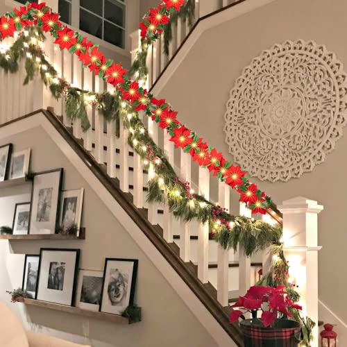Christmas Poinsettia Garland, 7 FT 10 LED Velvet Artificial Flower