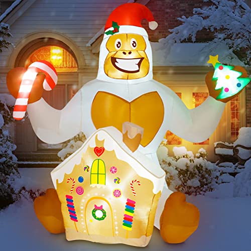 5.9 FT Inflatable Abominable Snowman w/ Gingerbread House Christmas Decoration