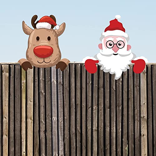 2 Pieces Christmas Fence Peeker Decoration - Santa Claus and Elk Peeking Garden Yard Decor