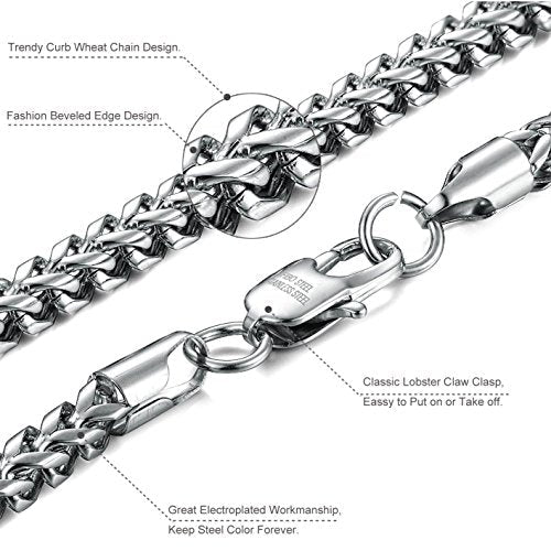 Stainless Steel Wheat Chain Necklace for Men Women Set 5mm in Width, 22" 8.5"