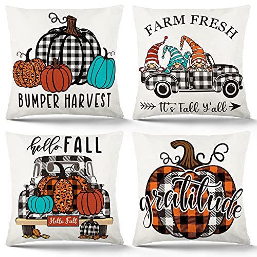 Set of 4 Fall Decorations Thanksgiving Plaid Gnomes Pumpkin Pillow Covers 18x18 Inches