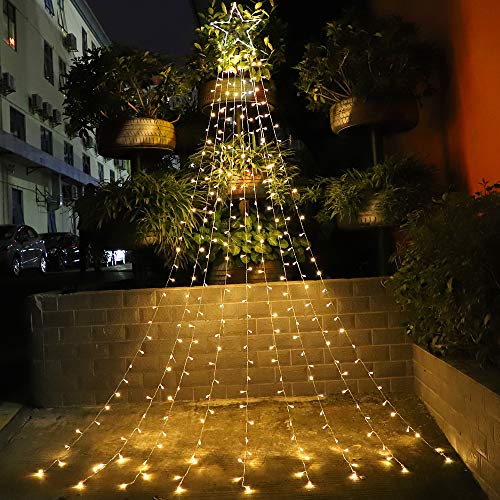 Christmas Star String Lights 317 LED  Waterproof String Lights with Star Topper, 8 Lighting Modes Waterfall Lights for Tree Decor