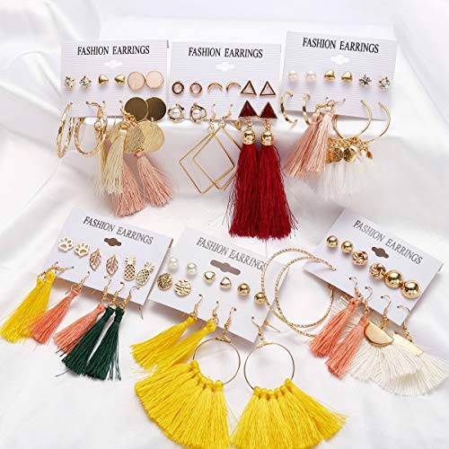 93 Pairs Colorful Earrings w/ Tassel Layered Ball Dangle Hoop