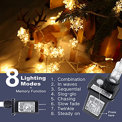 Christmas Snowflake String Lights, 49 ft 100 LED Connectable  (Warm White)